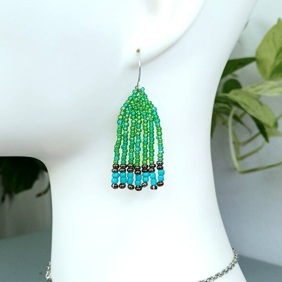 Green Beaded Fringe Dangle Earrings, 2" - Picture 1 of 6